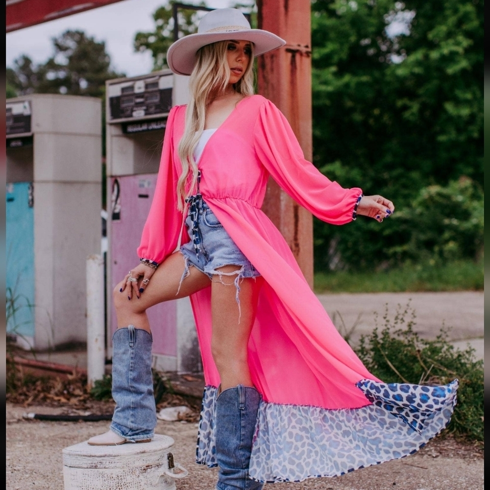 NWT Western Pink Chiffon Duster Dress Cardigan with Leopard Print Ruffle Hem